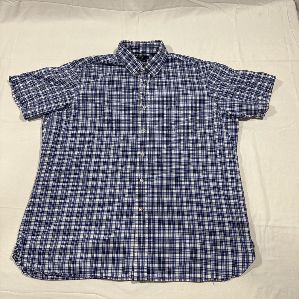 Cremieux Classics Blue White Plaid 100% Cotton Short Sleeve Button Shirt Size XL